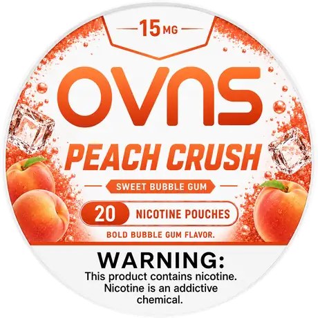 OVNS Peach Crush nicotine pouch can, 15 mg, 20 pouches